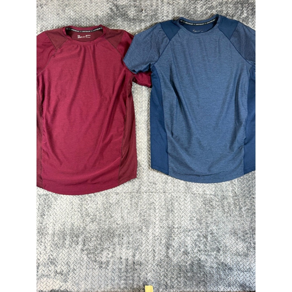 Under Armour HeatGear T-Shirts‎ Mens Medium Maroon Blue Logo Fitted Gym Lot of 2